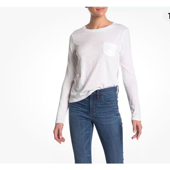 MADEWELL WOMEN'S WHITE LONG SLEEVE CREW NECK COTTON T-SHIRT Sz 1X XL pocket - Picture 12 of 13